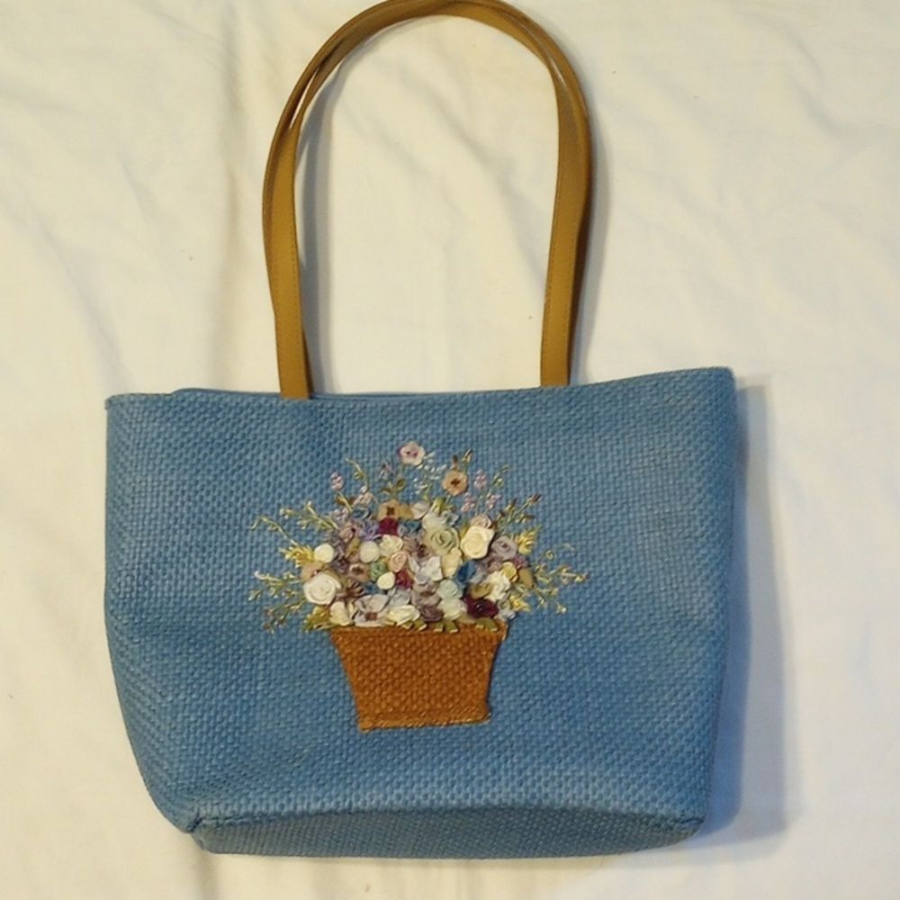 Vintage Blue Cappelli Straw Purse with Floral Front
